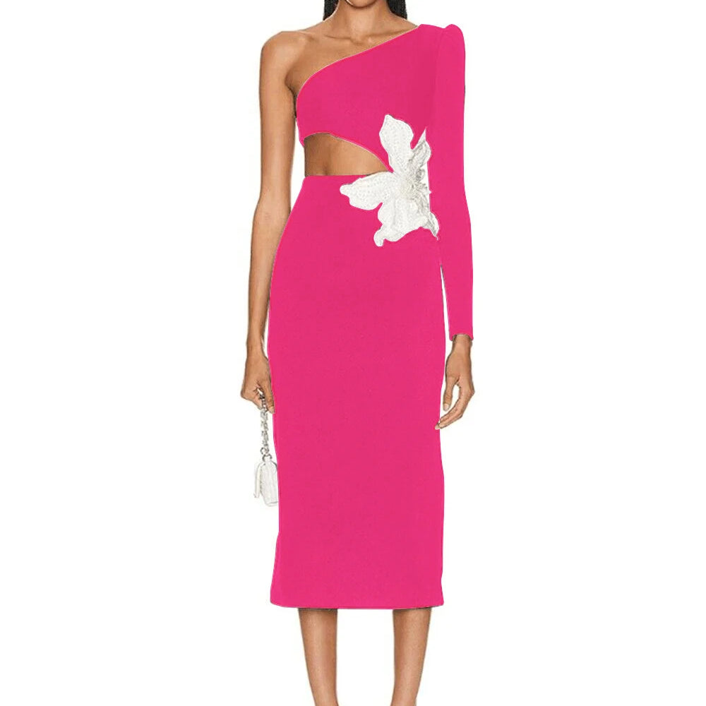 Autumn Women's Sexy One Shoulder Long Sleeve Hollow Out Flower Bandage Midi Dress Bodycon Celebrity Party Evening Dress Rose red