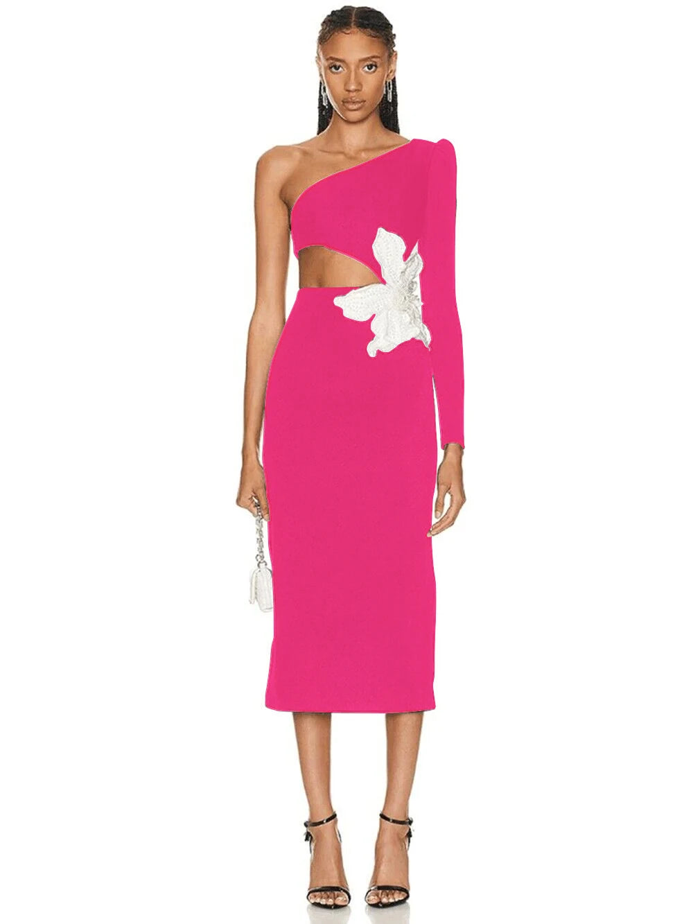 Autumn Women's Sexy One Shoulder Long Sleeve Hollow Out Flower Bandage Midi Dress Bodycon Celebrity Party Evening Dress Rose red