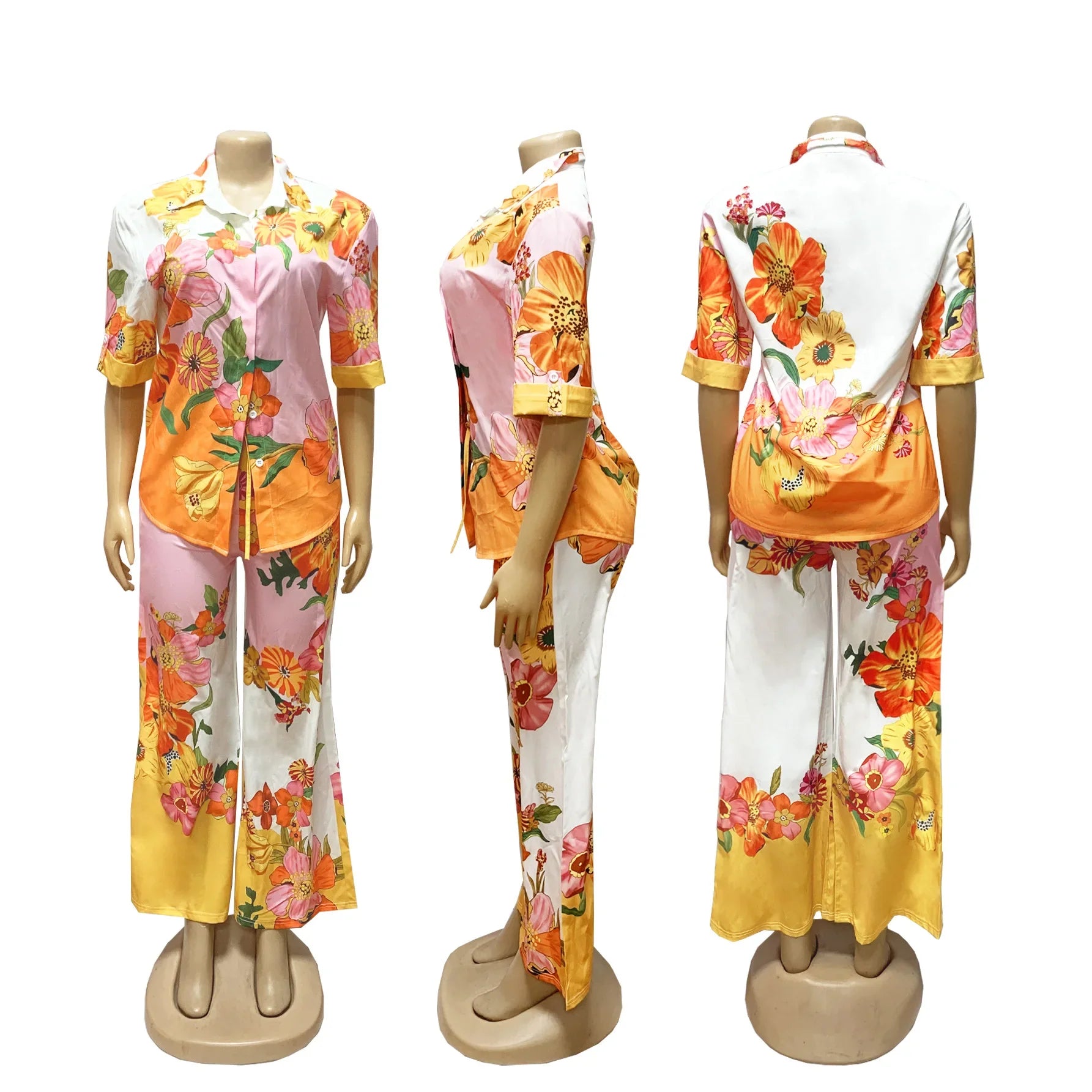 CM.YAYA Fashion Floral Printed Women's Set Half Sleeve Blouse Shirt and Wide Leg Pants 2025 Two 2 Piece Sets Outfits Tracksuit