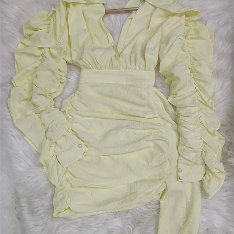 Yellow Green Women Butterfly Sleeve Sexy Deep V-Neck Bodycon Mini Dress Fashion Nightclub Party Dress