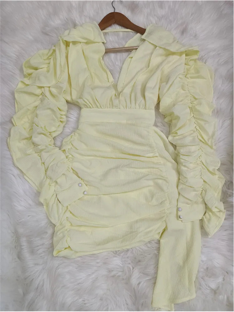 Yellow Green Women Butterfly Sleeve Sexy Deep V-Neck Bodycon Mini Dress Fashion Nightclub Party Dress