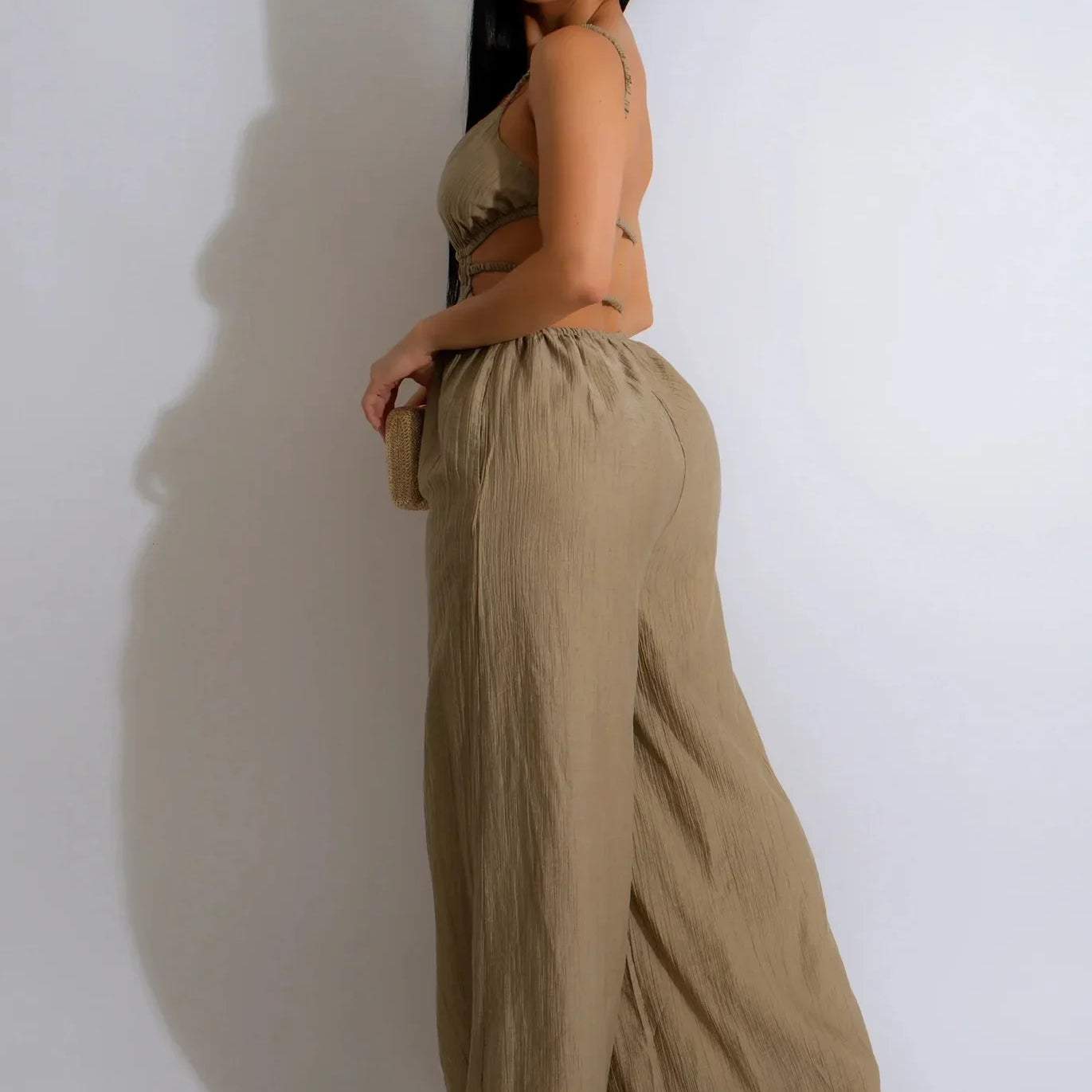 CM.YAYA Women Sleeveless Strap V-neck Backless Wide Leg Long Jumpsuits 2025 Summer Beach Night Club Street Sexy Outfit Rompers