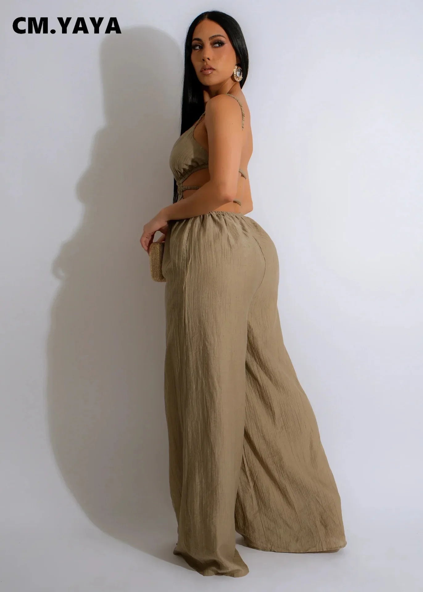 CM.YAYA Women Sleeveless Strap V-neck Backless Wide Leg Long Jumpsuits 2025 Summer Beach Night Club Street Sexy Outfit Rompers