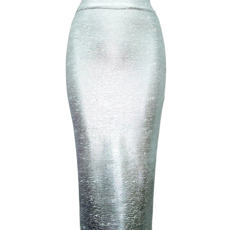 Women Summer Skirt Sexy Silver Gold Bronzing Midi Bandage Skirt High Street Designer Skinny Party Midi Pencil Skirts 78cm