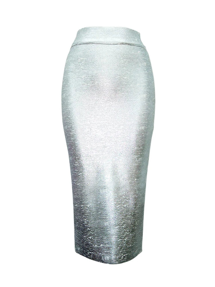 Women Summer Skirt Sexy Silver Gold Bronzing Midi Bandage Skirt High Street Designer Skinny Party Midi Pencil Skirts 78cm