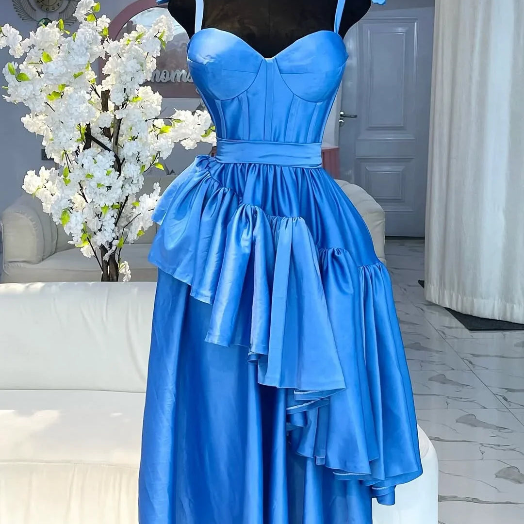 CM.YAYA Women Sleeveless Strap Bow Ruffles Long Maxi Dress 2025 Holiday Beach Birthday Evening Sexy Girl Party Dresses Vestidos Blue