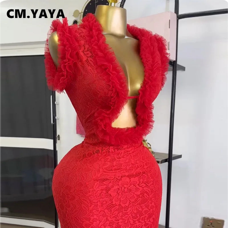 CM.YAYA Women Ruffles Splicing Deep V-neck Lace Floral Bodycon Midi Dress 2025 Birthday Night Club Party Vestidos Sexy Dresses