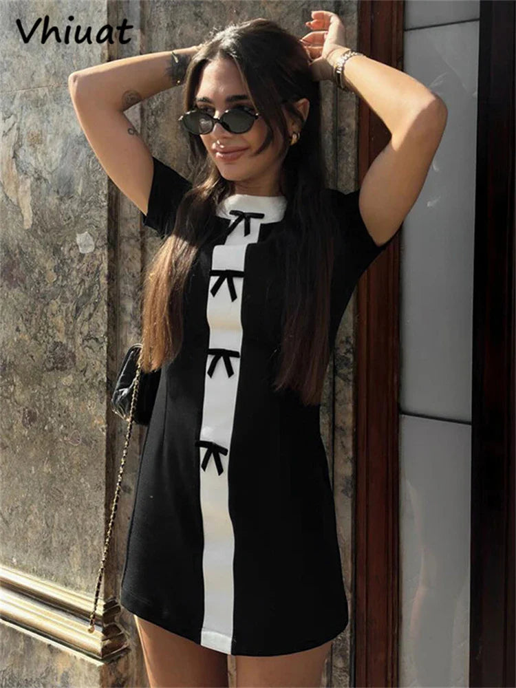 Vhiuat Bow Patchwork Fashion Short Sleeve O Neck Bodycon Mini Dress Women Streetwear Summer Elegant Sexy Dresses Club Party