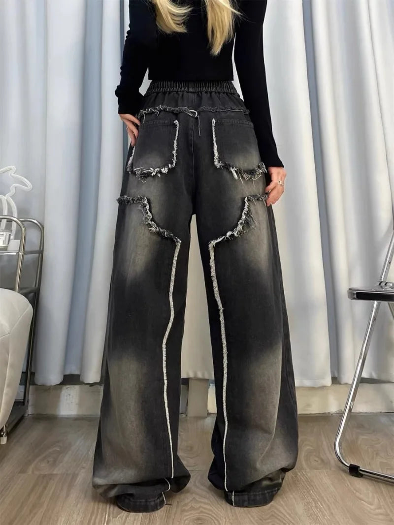 Autumn Winter New Straight Tube Women's Jeans American Retro Baggy Jeans Ladies Black Raw Edge Straight Tube Pants for Women