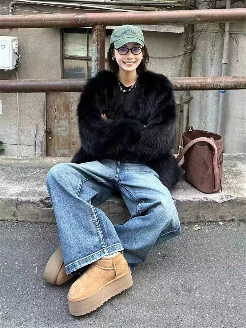 Imitation Fox Fur Eco Friendly Fur Coat Cardigan Women's Winter New Black Short Style Slim and Fashionable Young Fur Coat