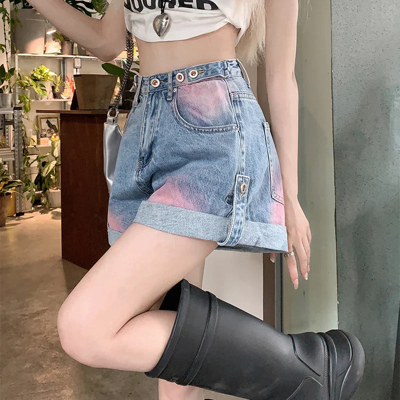 Women's Summer American Retro Jeans Blue Black High Street Button Washed Painted Y2K Design Loose Wide Leg Denim Shorts New