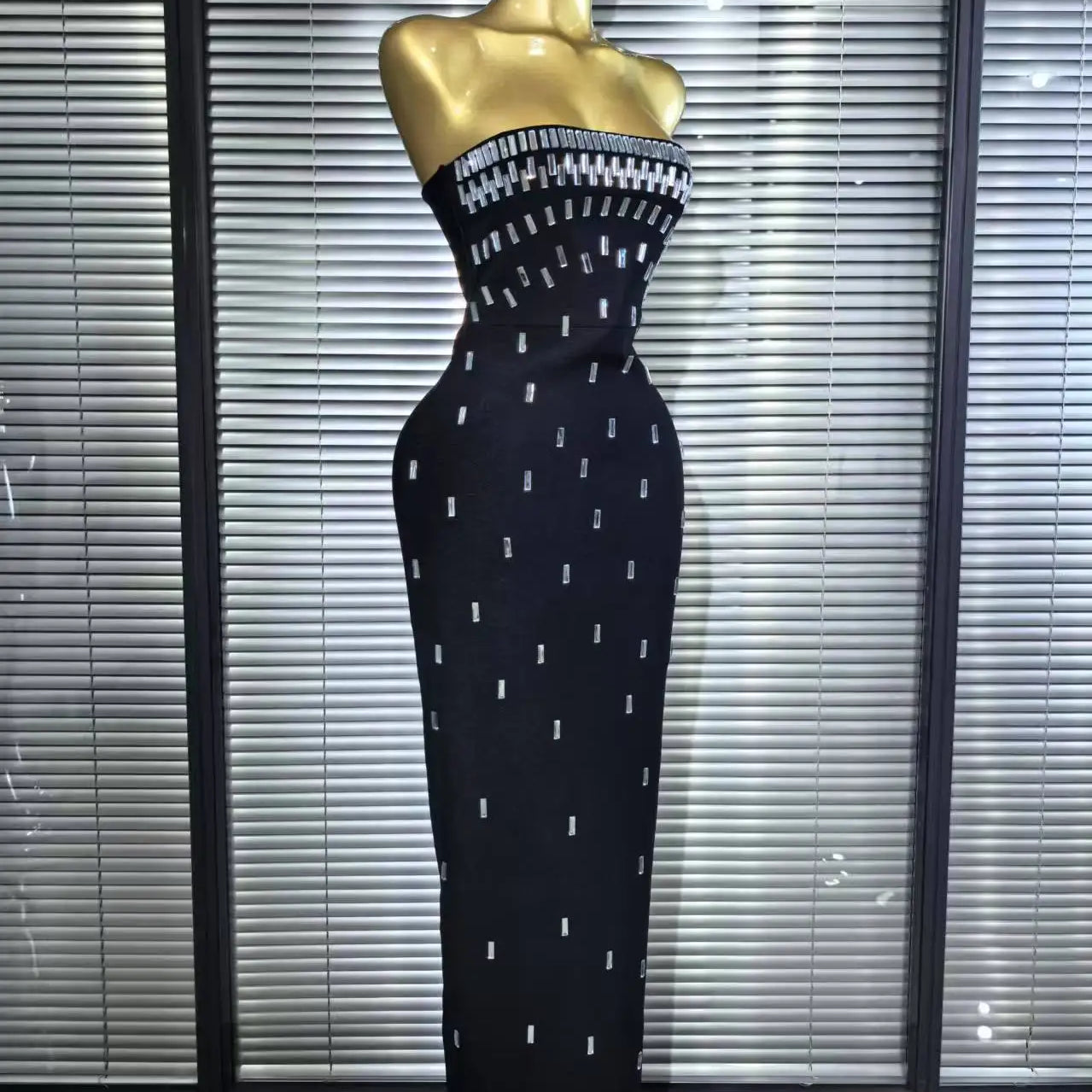 Women Sexy Strapless Shinning Crystal Bodycon Long Bandage Dress Elegant Evening Party Cockail Vacation Outfit