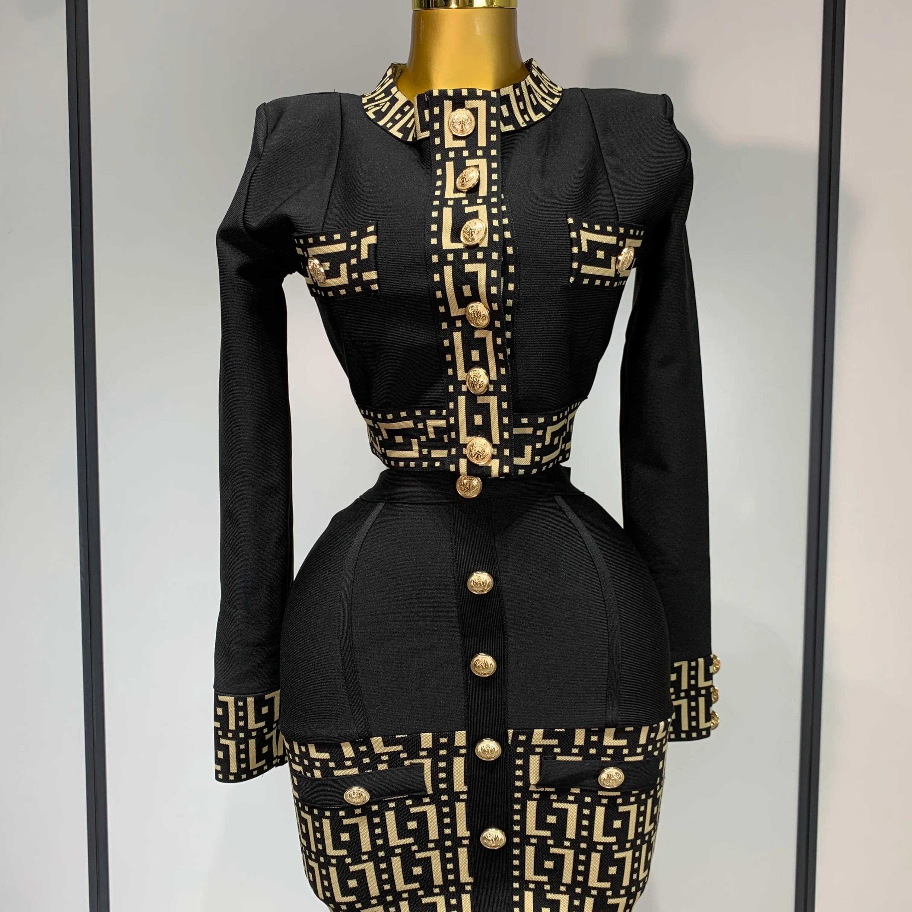 Women Black Long Sleeves Two Pieces Bandage Set Bottons Top Bodycon Mini Skirt Suit Evening Party Luxury Birthday Women's Outfit