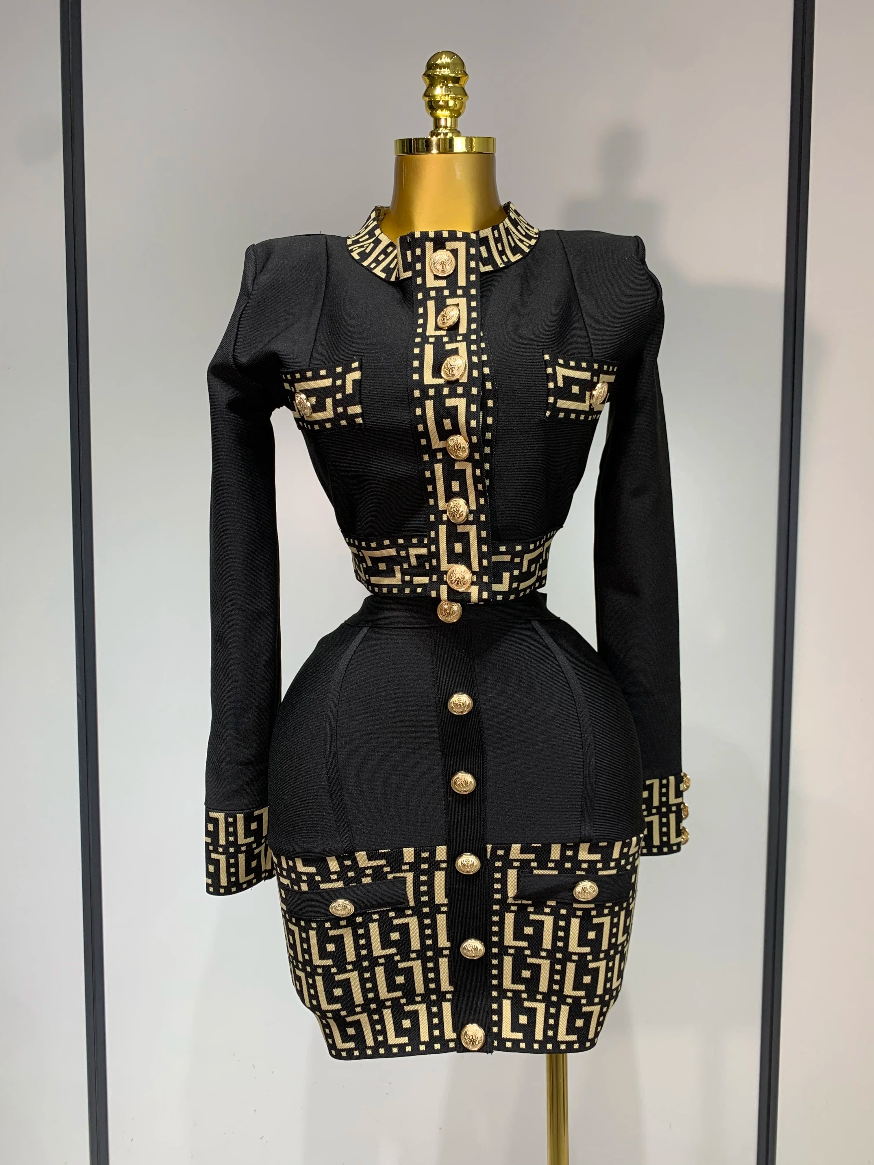 Women Black Long Sleeves Two Pieces Bandage Set Bottons Top Bodycon Mini Skirt Suit Evening Party Luxury Birthday Women's Outfit