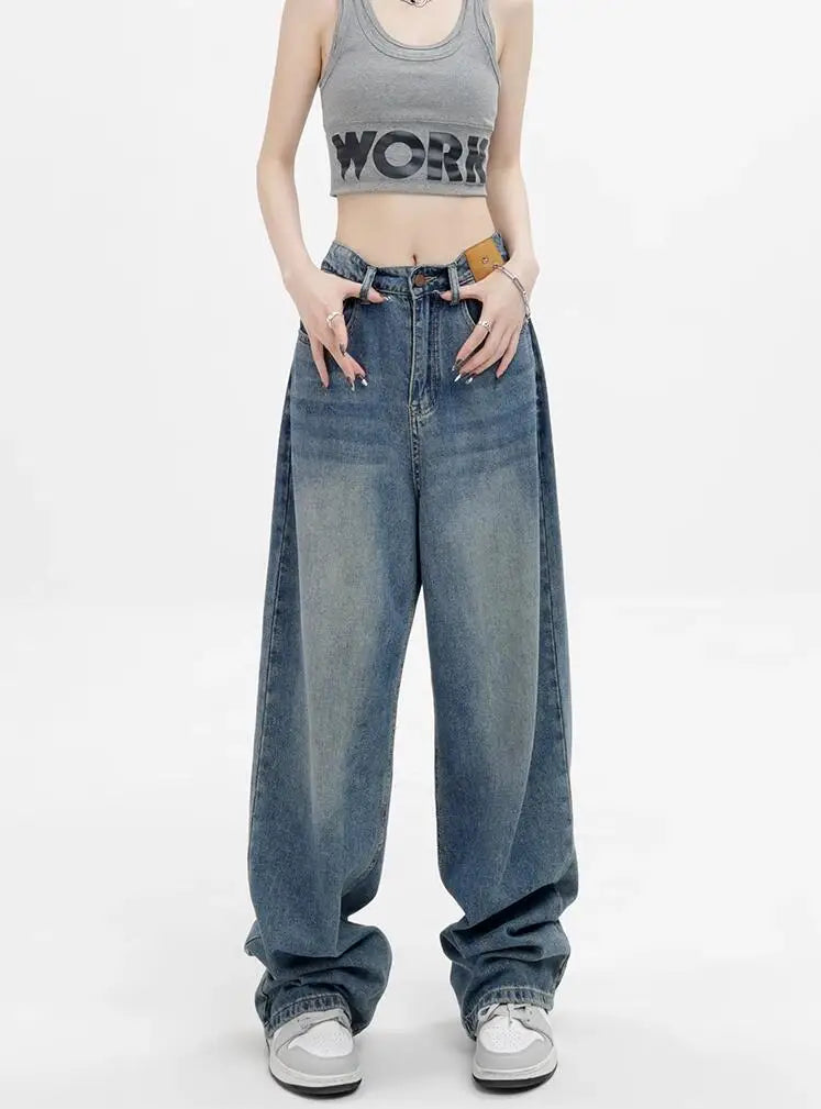 Women Retro Aesthetic Wide Leg Baggy Casual Denim Trouser Harajuku Blue High Waist Loose Jeans Spring Fashion Pants Blue