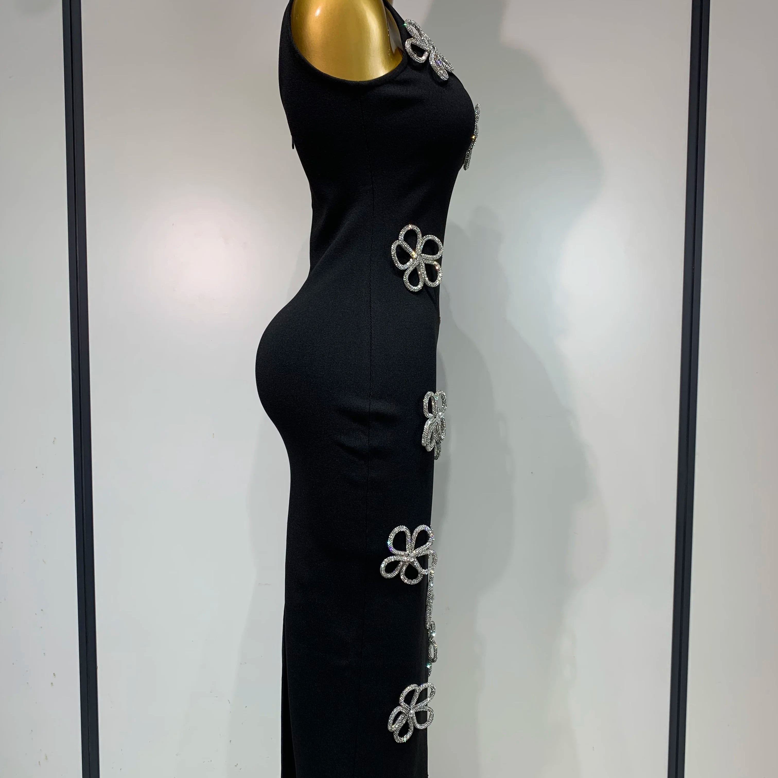Women Celebrity Sexy Diamonds Flower Black Long Bodycon Bandage Dress 2025 Elegant Evening Club Party Luxury Birthday Dresses