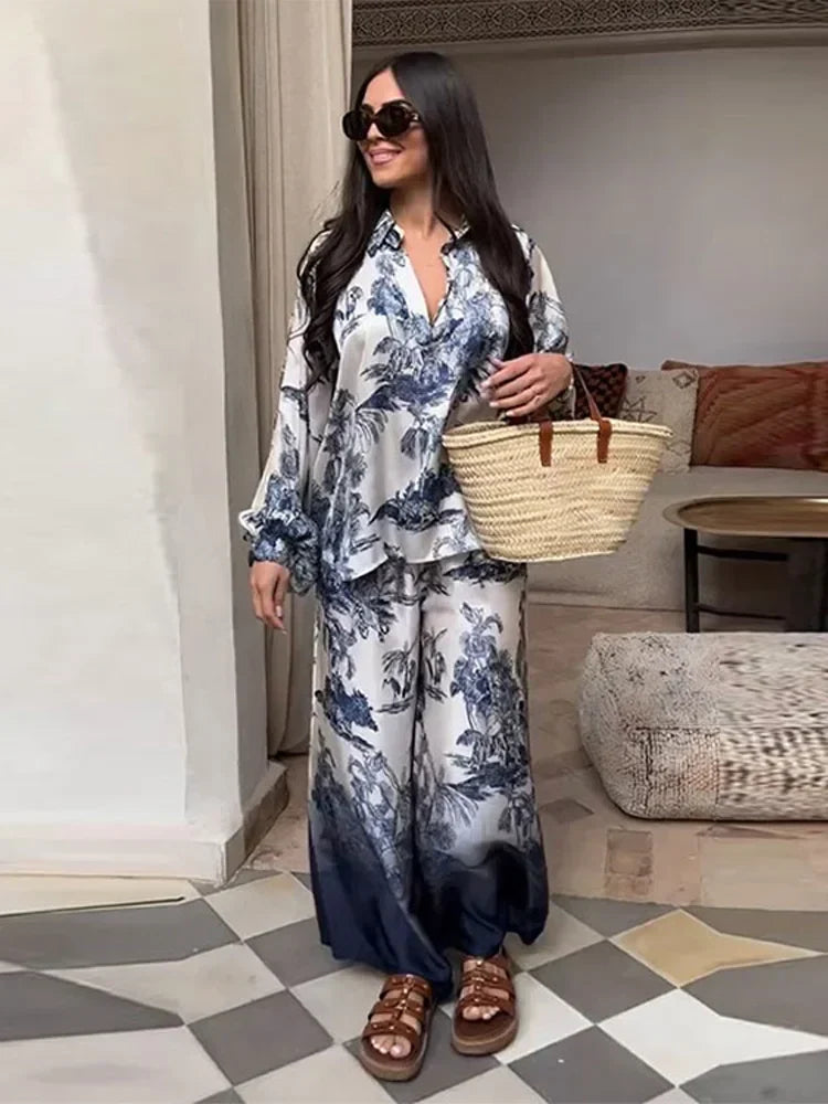 Elegant Women Print Loose Shirt Pants 2 Pieces Set Chic Lapel V Neck Long Sleeve Blouse Straight Pant Suit Casual Lady Outfits