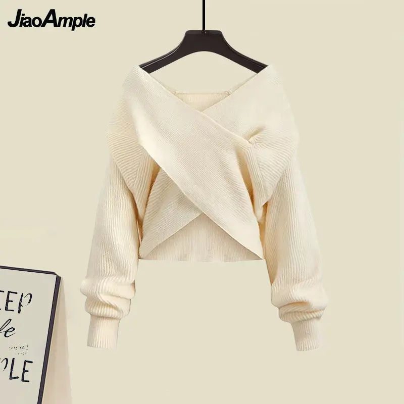 Autumn/Winter New Korean Elegant Matching Set Women's Fashion Cross Knit Sweater+Bottom Shirt+Strap Dress Three Piece Suit