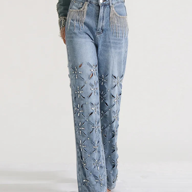 TWOTWINSTYLE Hollow Out Casual Jeans For Women Highh Waist Patchwork Tassel Chic Straight Wide Leg Jean Female Fashion Clothing