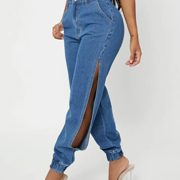 Fashion Side Of Leg Split Women's Jeans Loose Harem Pants Ladies Tie Feet Streetwear Jeans Casual Denim Pants
