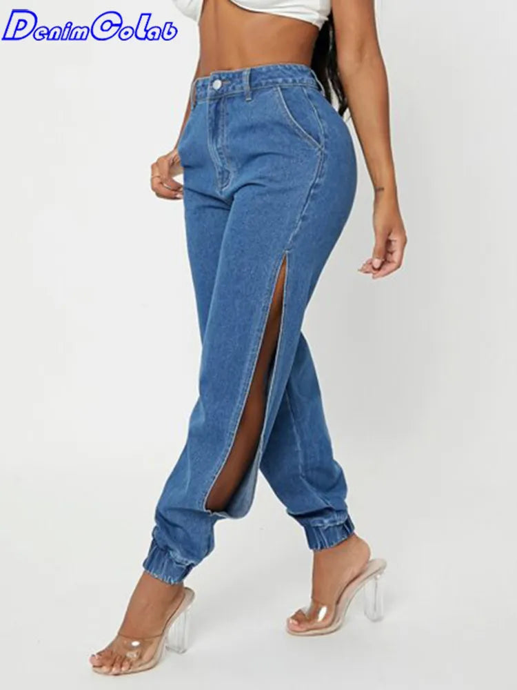 Fashion Side Of Leg Split Women's Jeans Loose Harem Pants Ladies Tie Feet Streetwear Jeans Casual Denim Pants