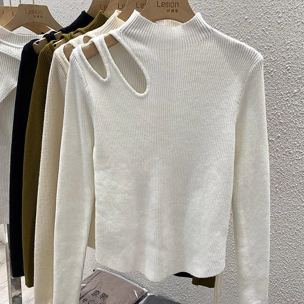 Hollow-out Turtleneck Knitted Women Sweater Ribbed Pullovers Autumn Winter Basic Women Sweaters Fit Soft Warm Tops WHITE One Size