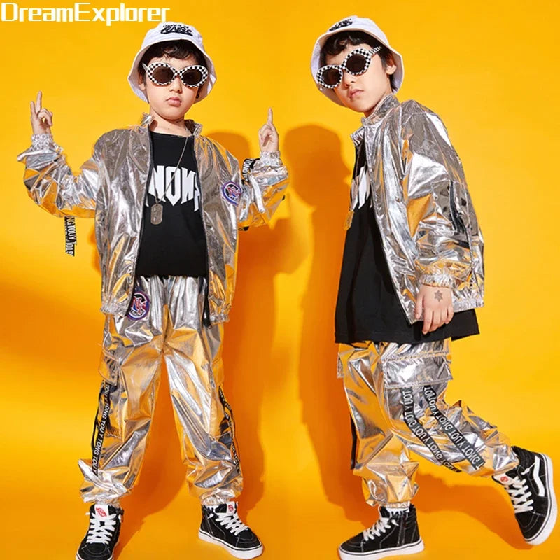 Hip Hop Boys Silver Jacket Girls Jazz Jogger Pants Street Dance Mini Skirt Clothes Sets Kids Sequin Costumes Child Streetwear