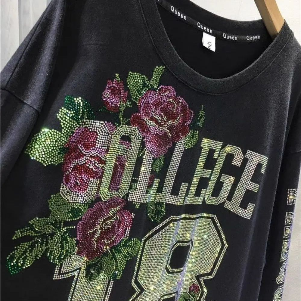 L-4XL 150kg Luxury Diamond Stamping Women's Plus Size Sweatshirts Aesthetics Art Female Pullovers Vintage Winter Lady Sweatshirt