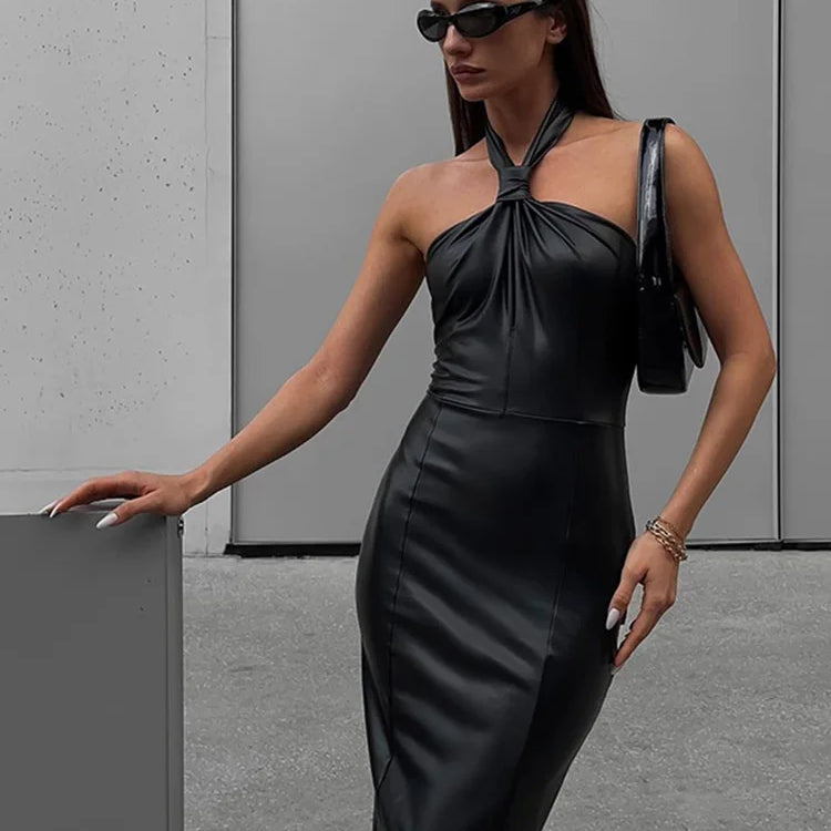 Women's Elegant Skirt Autumn Spice Girls Sexy Backless Long Dress Fashion Temperament Slim Neck PU Leather Dresses black