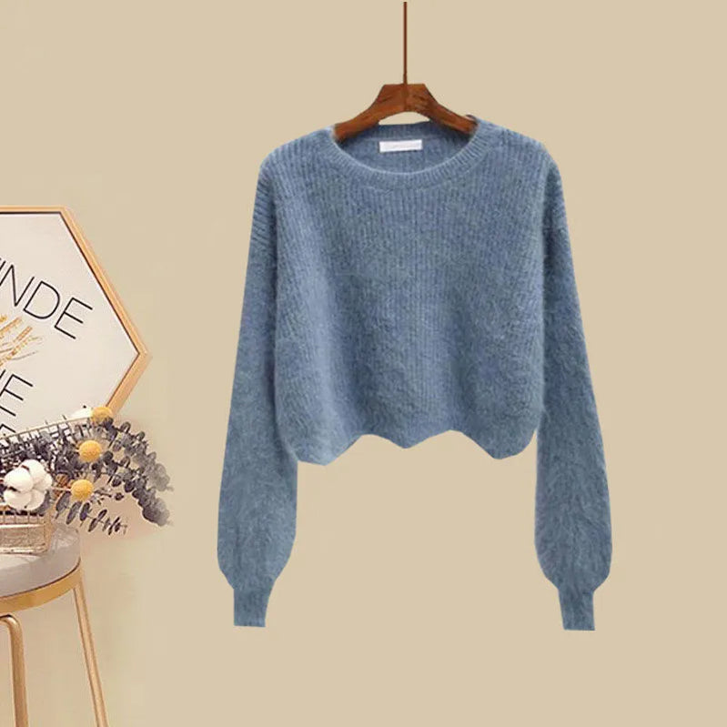 Women Spring Two Pieces Sets Korean Long Sleeve Knitted Sweater Cardigan And Ruffles Patchwork Mesh Long Dress Suit picture 4