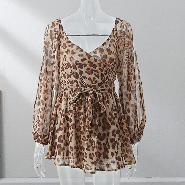 Summer Solid Pleated Mini Dress Women Sexy Slim V Neck Cut Out Long Sleeve Robes Summer Elegant Female Beach Party Streetwear Leopard print