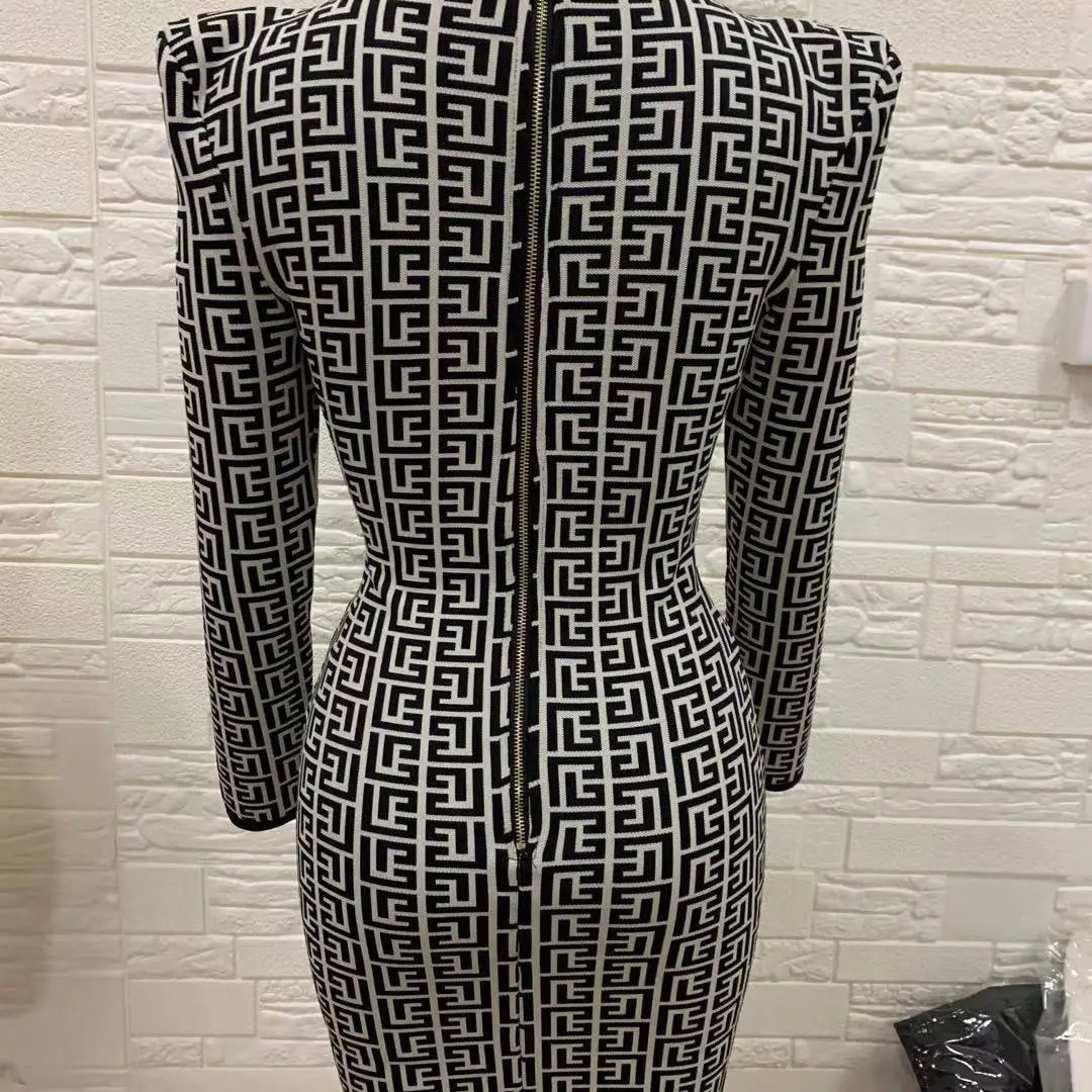 High Quality Black Full Sleeve Jacquard Mini Bandage Dress 2021 Celebrity Designer Fashion Evening Party Dress