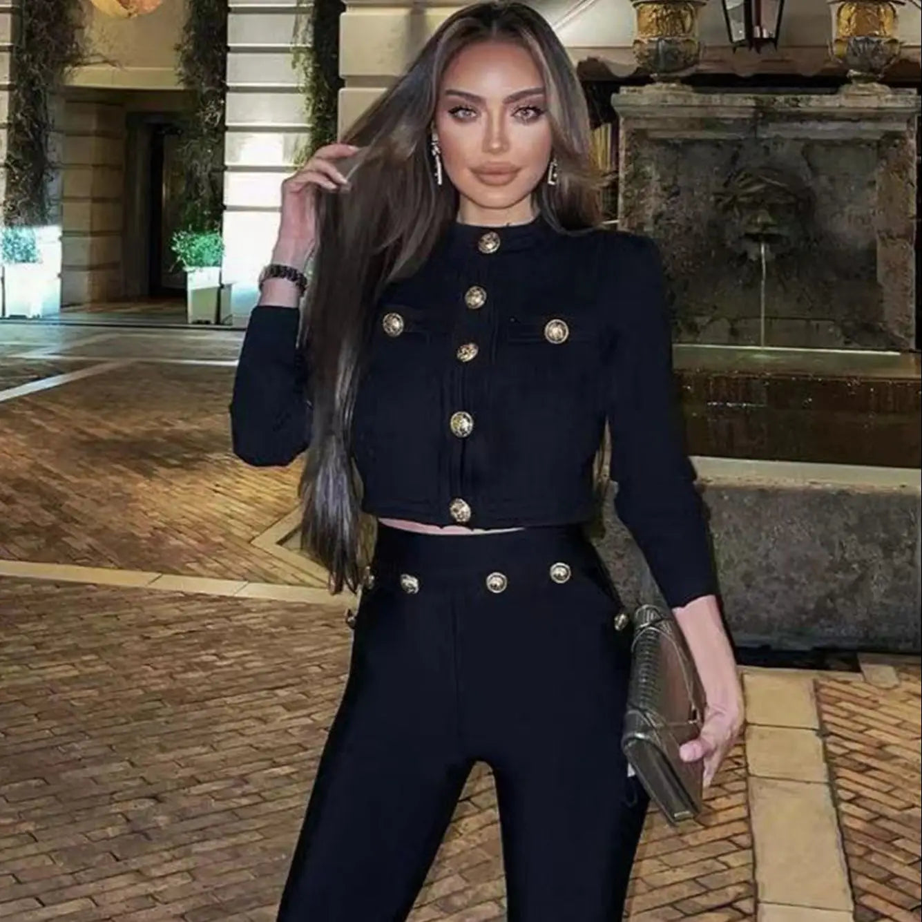 Women's Autumn Long Sleeve Gold Button Stretch Bandage Black Top Long Pants Casual Holiday Fashion Sets