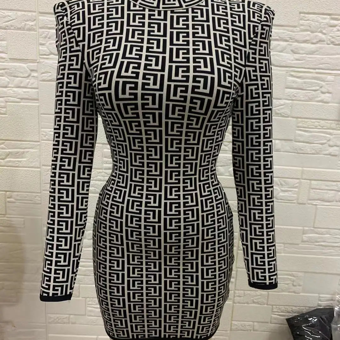 High Quality Black Full Sleeve Jacquard Mini Bandage Dress 2021 Celebrity Designer Fashion Evening Party Dress
