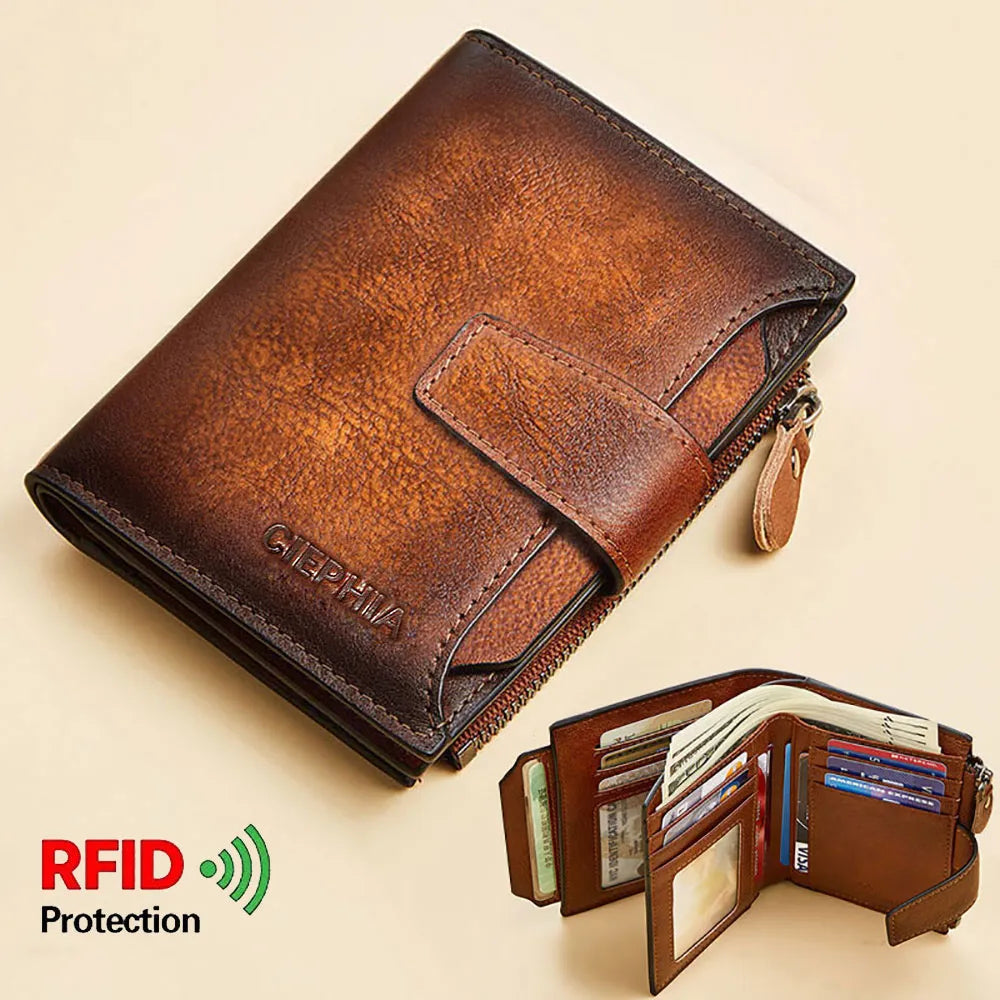 Men's Leather Wallet Vintage Short Multi Function Business Card Holder RFID Blocking Zipper Coin Pocket Money Clip