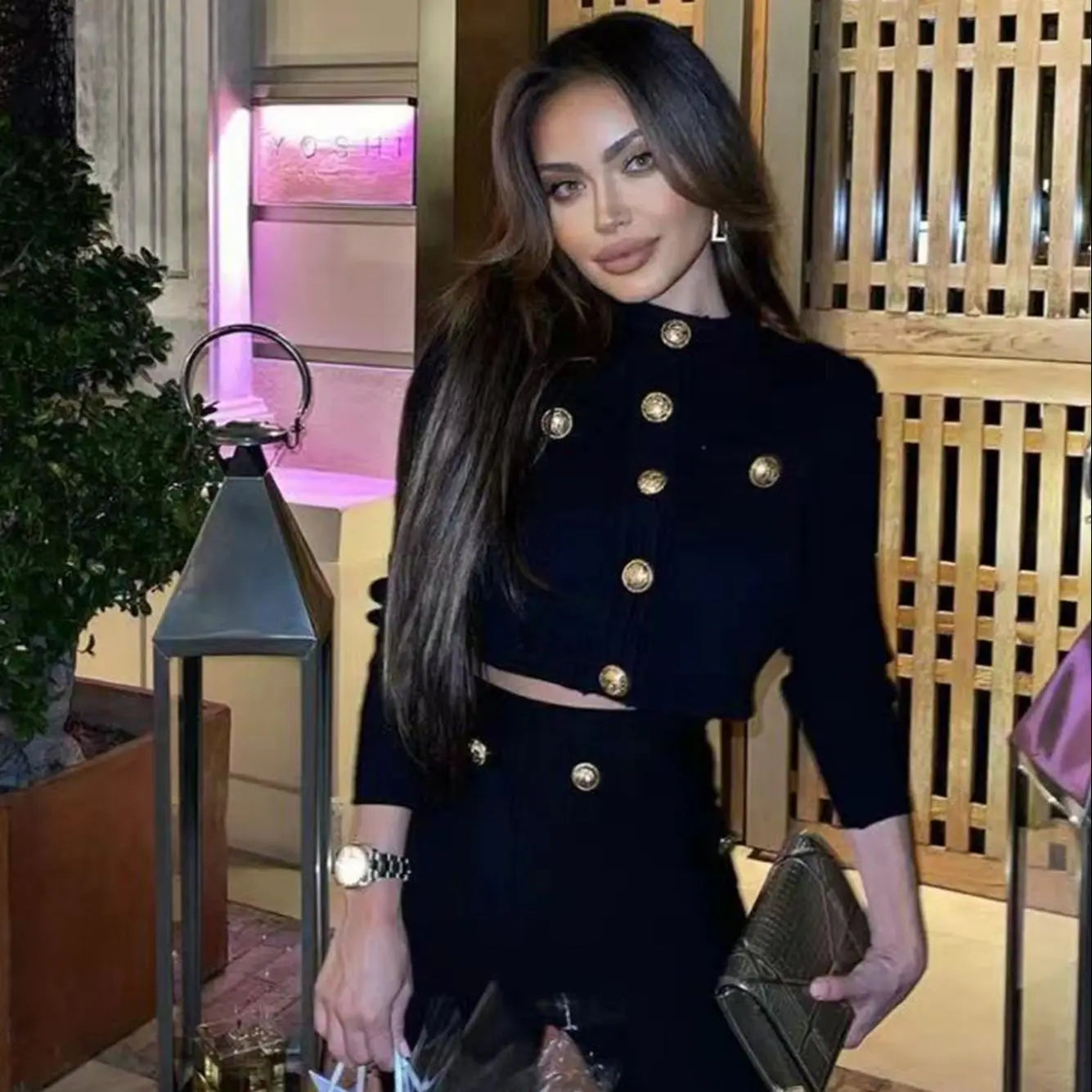 Women's Autumn Long Sleeve Gold Button Stretch Bandage Black Top Long Pants Casual Holiday Fashion Sets