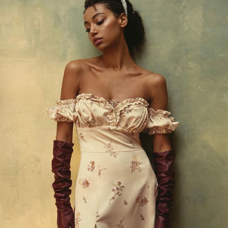 Summer Floral Off Shoulder Puff Sleeve Maxi Dress For Woman Robe Sexy Lace Up Side Split Chic Mid-Calf Aesthetic Dress