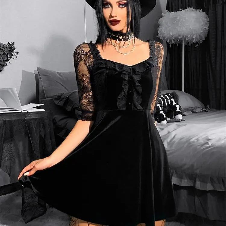 Gothic Velvet Black Summer Mini Dress Women Short Sleeve See Through A-LINE Dress Aesthetic Backless Club Sexy Partywear