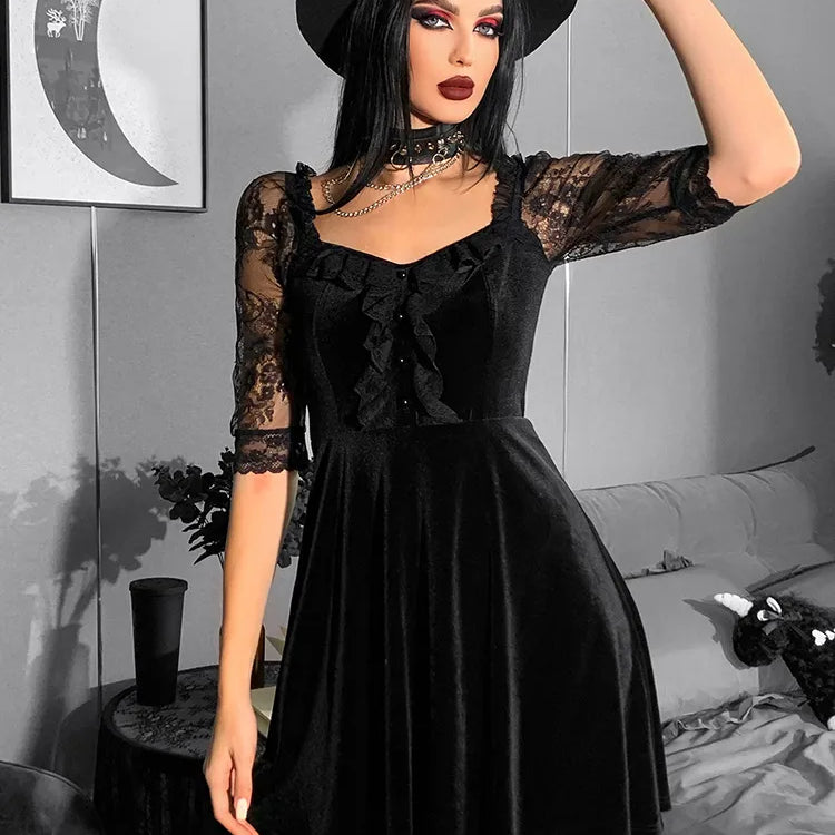 Gothic Velvet Black Summer Mini Dress Women Short Sleeve See Through A-LINE Dress Aesthetic Backless Club Sexy Partywear