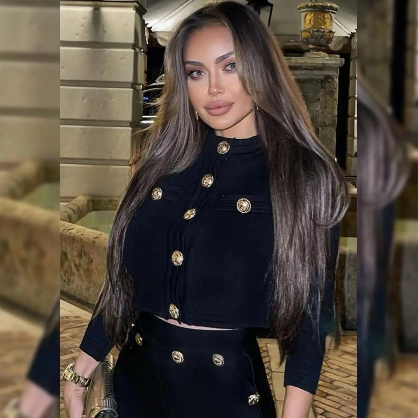 Women's Autumn Long Sleeve Gold Button Stretch Bandage Black Top Long Pants Casual Holiday Fashion Sets