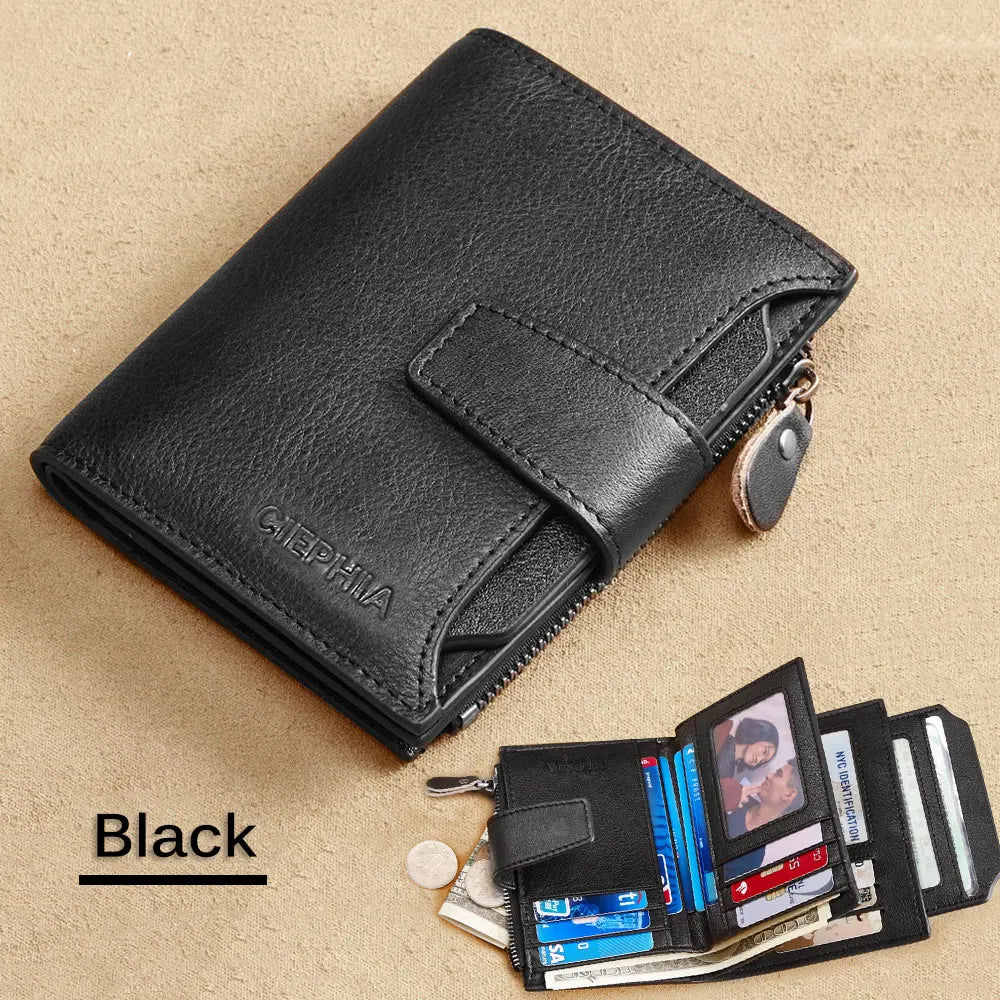 Men's Leather Wallet Vintage Short Multi Function Business Card Holder RFID Blocking Zipper Coin Pocket Money Clip black