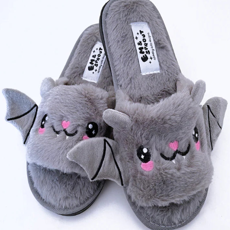 Halloween Shoes Cute Bat Slippers With Wings Winter Warm Home Slippers Women Men Grey