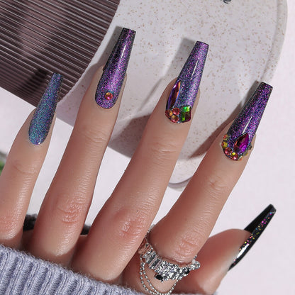CNHIDS 24Pcs Charming Sparkling Purple Long Coffin False Nail Press On Nail Tips Girl Decoration Crystal Fake Nail With Design