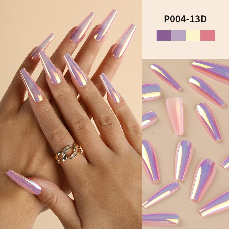 24Pcs/Box Ballerina Press on Nails Tips False Nail Art Full Cover Detachable Artificial Fake Nails Metal Mirror Powder Design 13