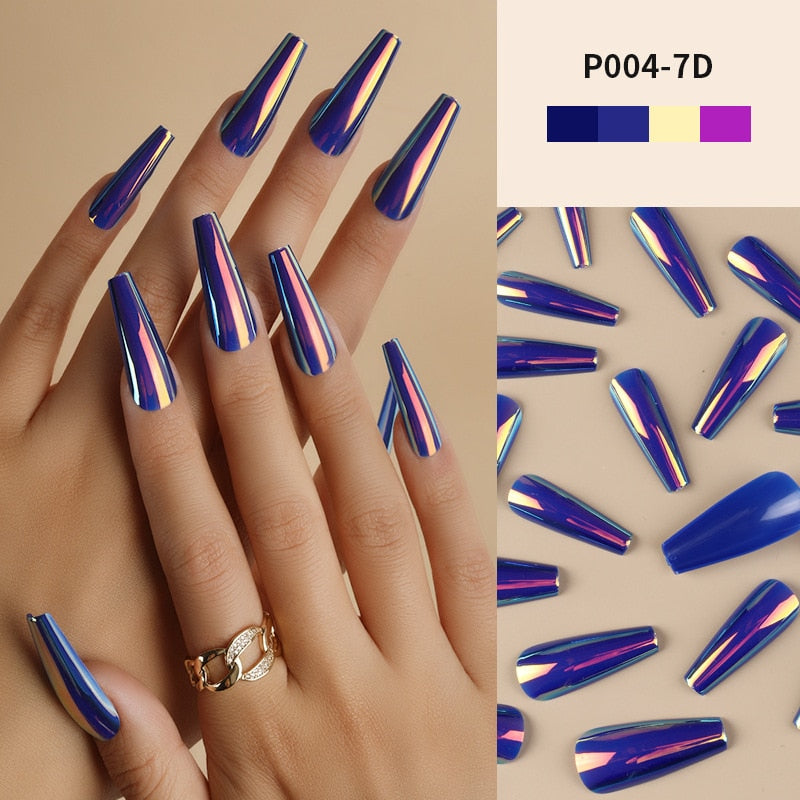 24Pcs/Box Ballerina Press on Nails Tips False Nail Art Full Cover Detachable Artificial Fake Nails Metal Mirror Powder Design 7