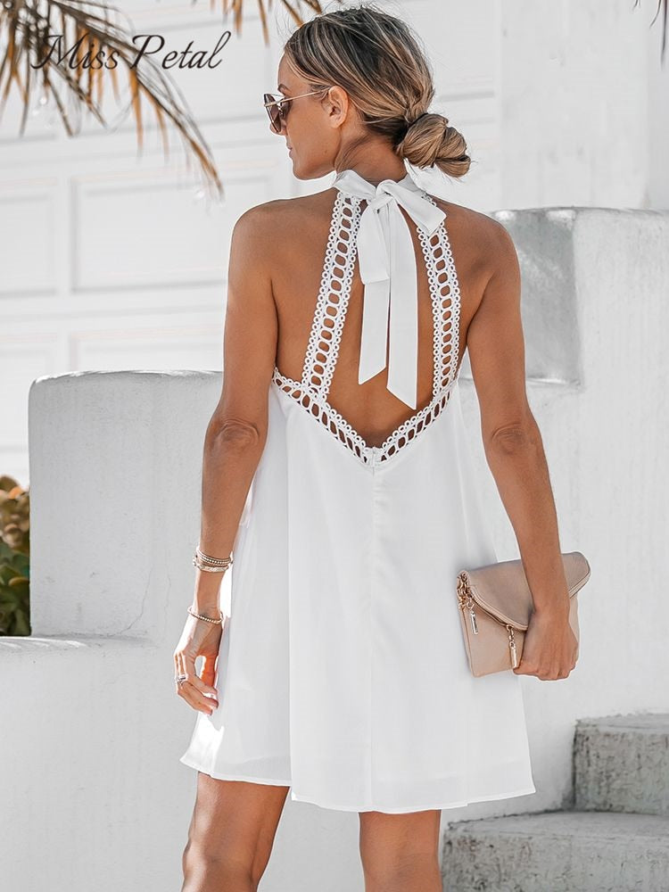 White Lace Trim Halter Mini Dress For Women Sexy Backless Sleeveless Holiday Beach A-line Dress Summer Female Dress
