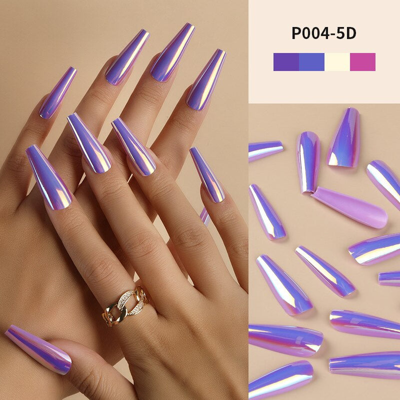 24Pcs/Box Ballerina Press on Nails Tips False Nail Art Full Cover Detachable Artificial Fake Nails Metal Mirror Powder Design 5