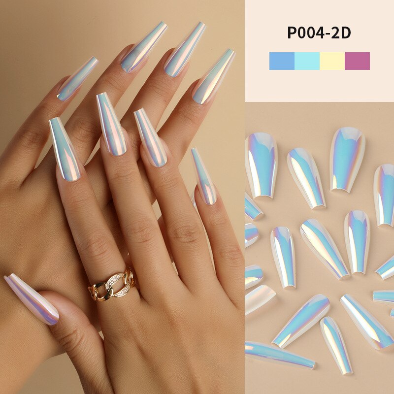 24Pcs/Box Ballerina Press on Nails Tips False Nail Art Full Cover Detachable Artificial Fake Nails Metal Mirror Powder Design