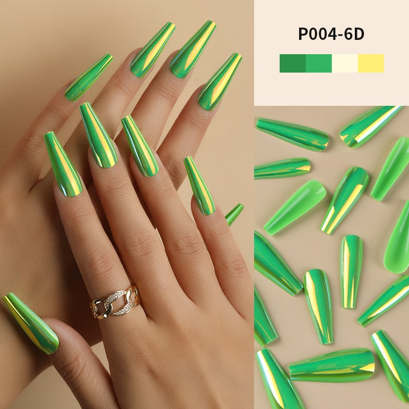 24Pcs/Box Ballerina Press on Nails Tips False Nail Art Full Cover Detachable Artificial Fake Nails Metal Mirror Powder Design 6