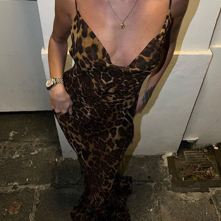 Leopard Print V-Neck Sexy Bodycon Long Dress Women Lace Up Backless Summer Dresses Female Straps Party Beach Vestidos as photo